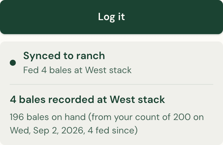 The Dryline ledger after a feeding is logged: the entry reads Sent, then the answer — 4 bales recorded, 196 bales on hand from the last count, 4 fed since.